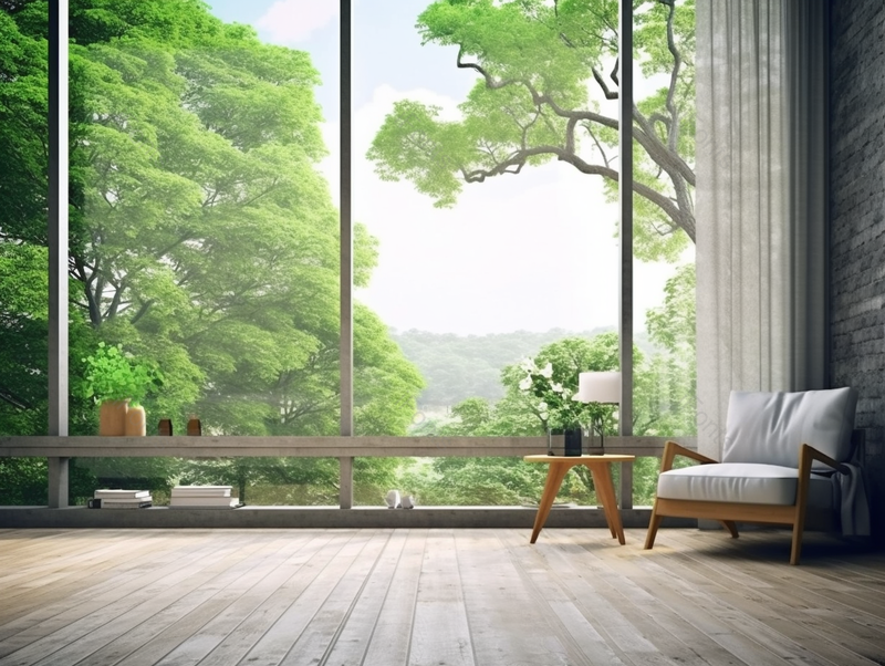 巨大落地窗前赏景绿树客厅座椅茶几场景拍摄,高清,摄影图,摄影图片,图片大全,摄影图免费下载